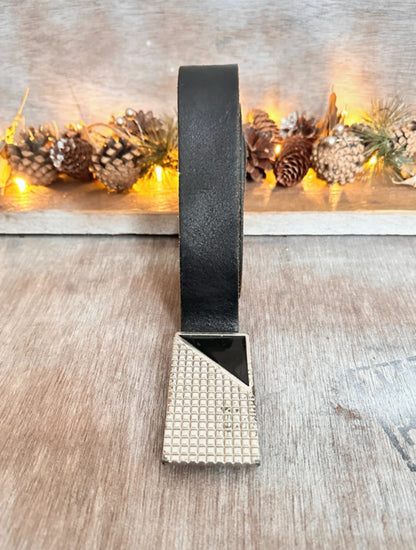Black Leather Belt — Geometric Chrome Plate Buckle (40”)