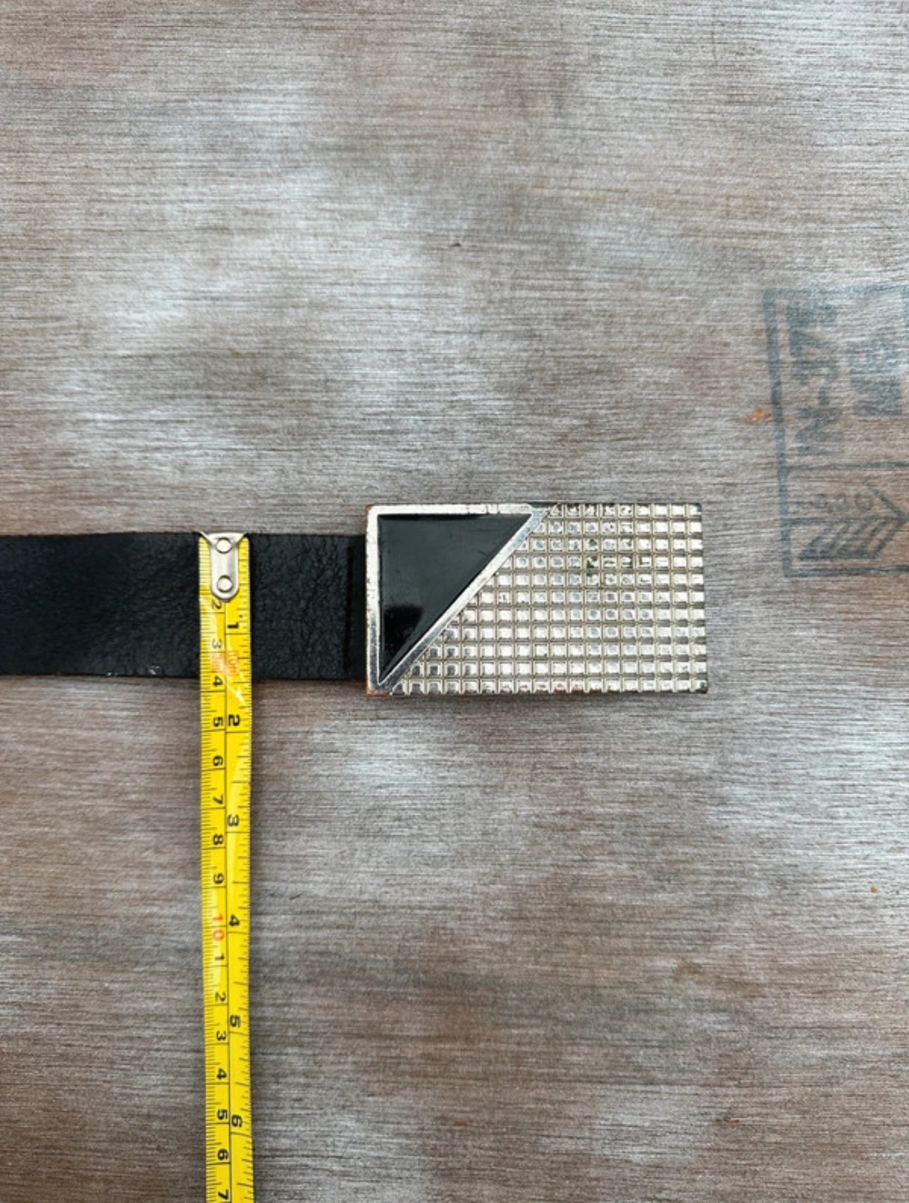 Black Leather Belt — Geometric Chrome Plate Buckle (40”)