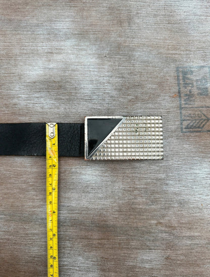 Black Leather Belt — Geometric Chrome Plate Buckle (40”)