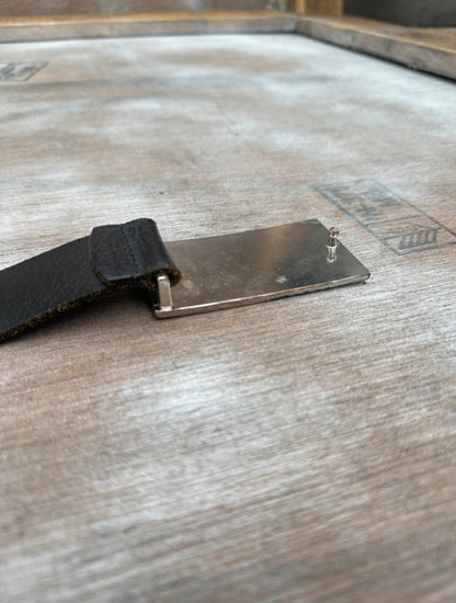 Black Leather Belt — Geometric Chrome Plate Buckle (40”)