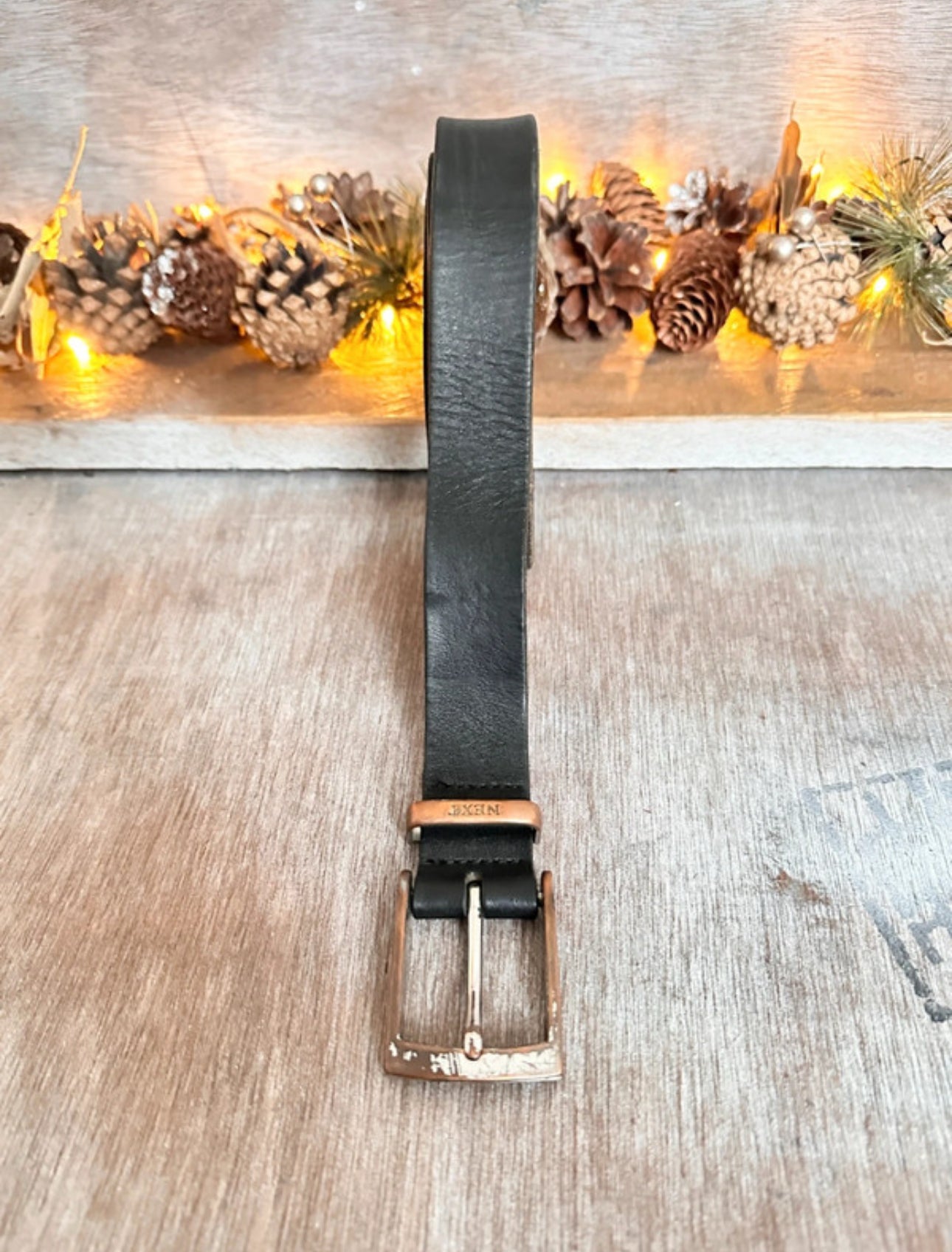 Black Leather Belt — Distressed Silver Buckle (36”)