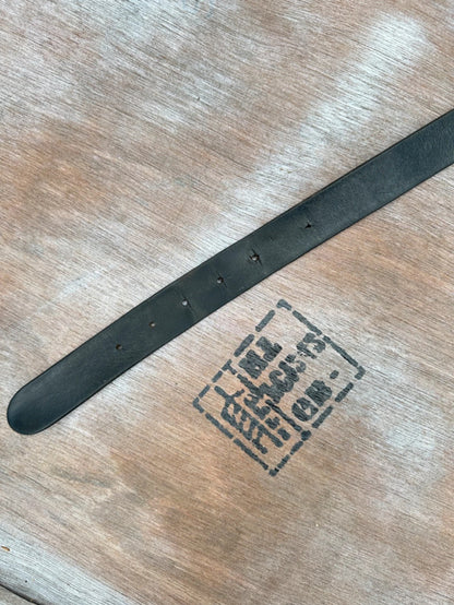 Black Leather Belt — Distressed Silver Buckle (36”)